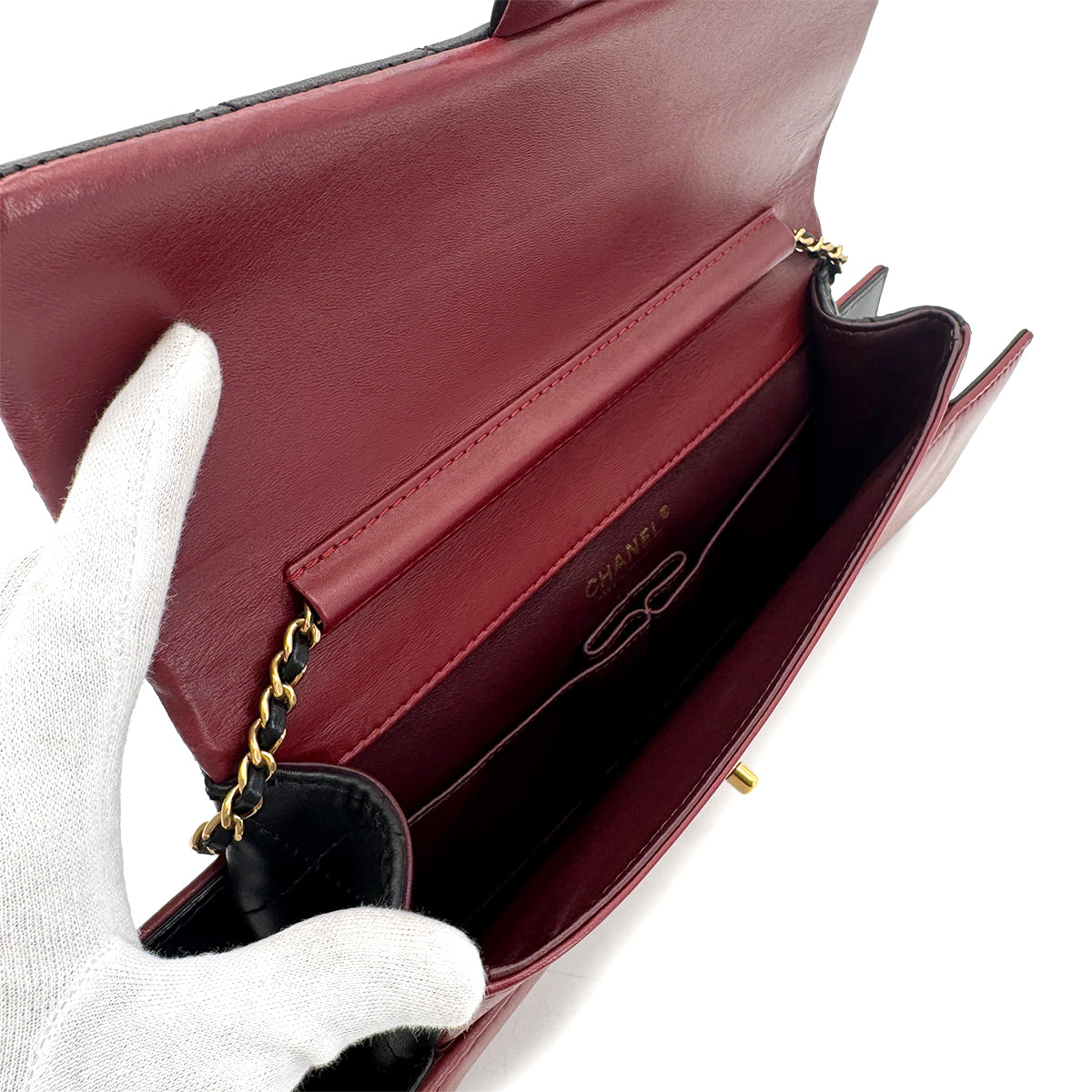 CHANEL BRASSERIE GABRIELLE MENU CLUTCH BAG BLACK BURGUNDY LAMB SKIN CALF LEATHER 90283606