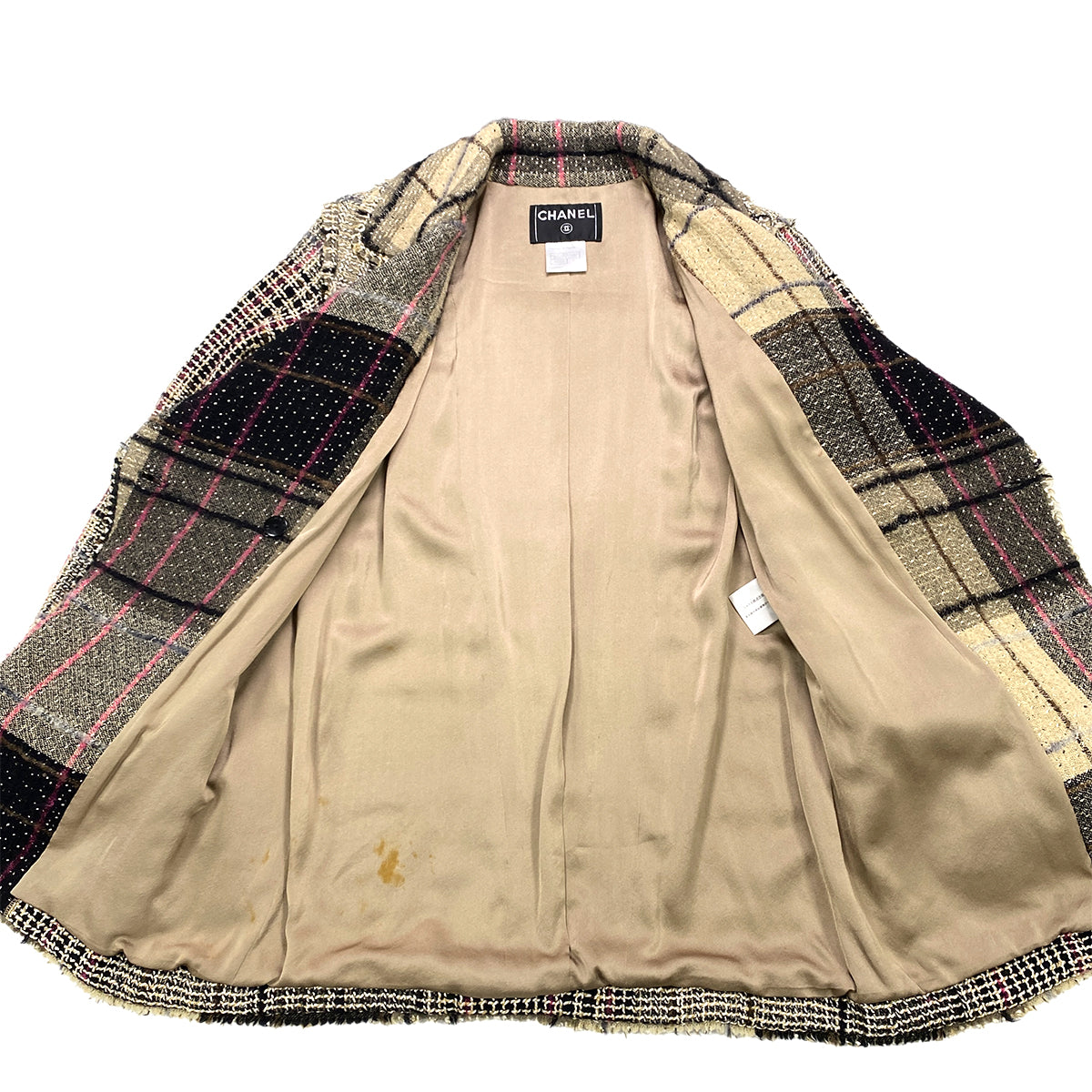 CHANEL TWEED PLAID COAT JACKET COCO BUTTON BEIGE WOOL 36 05A RTW 90283645