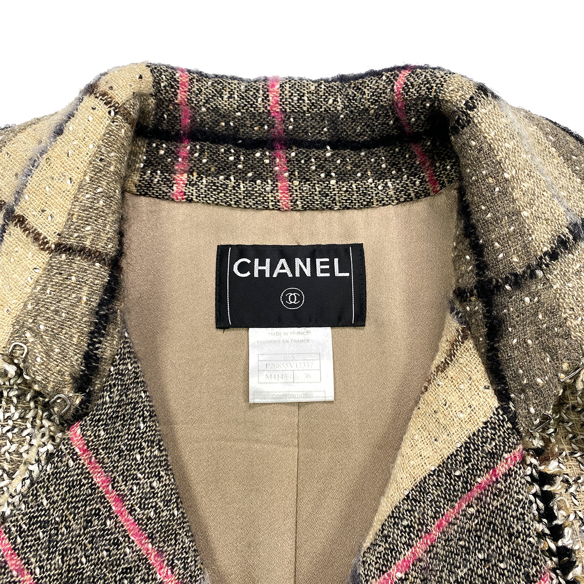 CHANEL TWEED PLAID COAT JACKET COCO BUTTON BEIGE WOOL 36 05A RTW 90283645