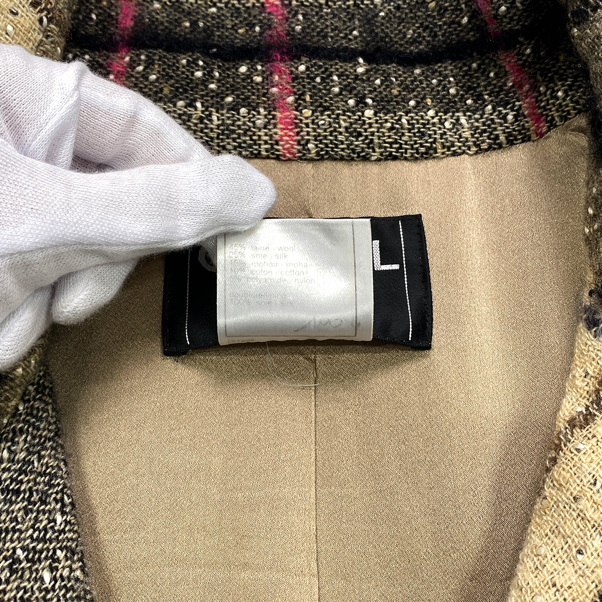 CHANEL TWEED PLAID COAT JACKET COCO BUTTON BEIGE WOOL 36 05A RTW 90283645