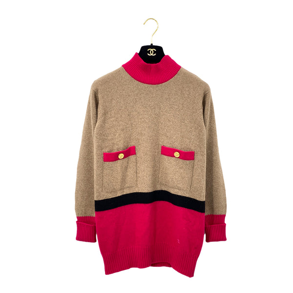 CHANEL VINTAGE COCOMARK COLOR BLOCK KNIT GOLD BOTTON BEIGE PINK RTW 90283646
