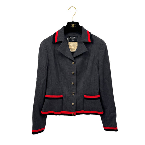 CHANEL VINTAGE COCO BUTTON JACKET SKIRT SET GRAY RED WOOL 40 94A RTW 90283647 - PURPOSE