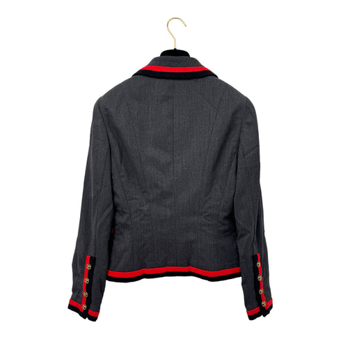 CHANEL VINTAGE COCO BUTTON JACKET SKIRT SET GRAY RED WOOL 40 94A RTW 90283647 - PURPOSE