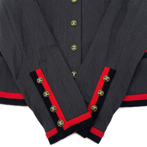 CHANEL VINTAGE COCO BUTTON JACKET SKIRT SET GRAY RED WOOL 40 94A RTW 90283647 - PURPOSE