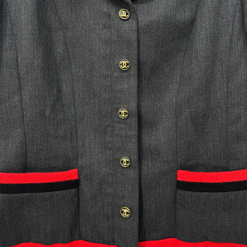 CHANEL VINTAGE COCO BUTTON JACKET SKIRT SET GRAY RED WOOL 40 94A RTW 90283647 - PURPOSE