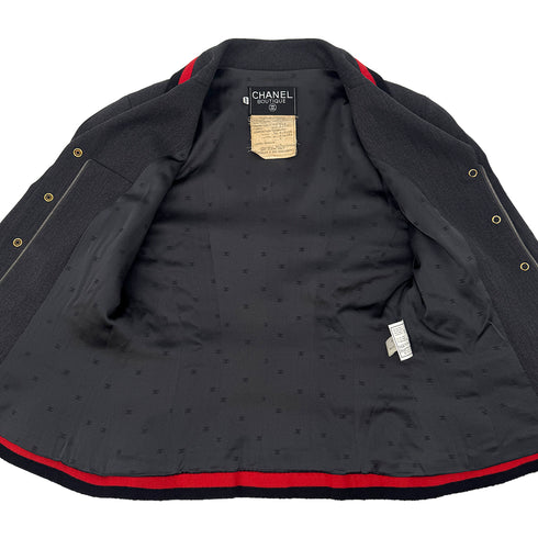 CHANEL VINTAGE COCO BUTTON JACKET SKIRT SET GRAY RED WOOL 40 94A RTW 90283647 - PURPOSE