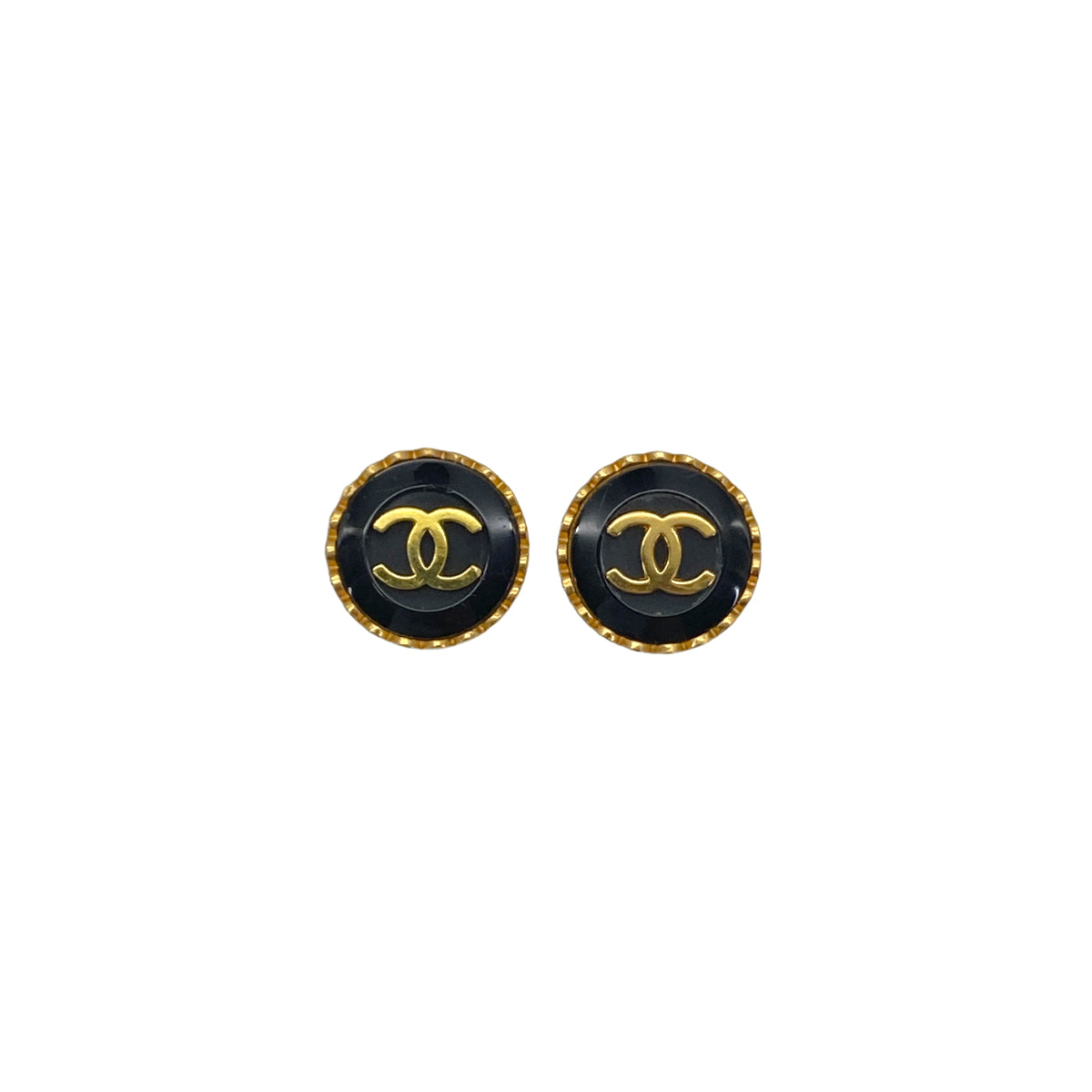 CHANEL VINTAGE EARRINGS COCOMARK ROUND BLACK GOLD ACCESSORY 95A 90283930