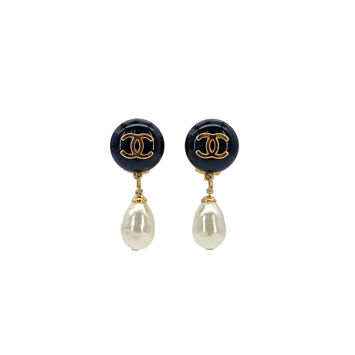 CHANEL VINTAGE EARRINGS COCOMARK FAUX PEARL BLACK GOLD ACCESSORY 96A 90283931
