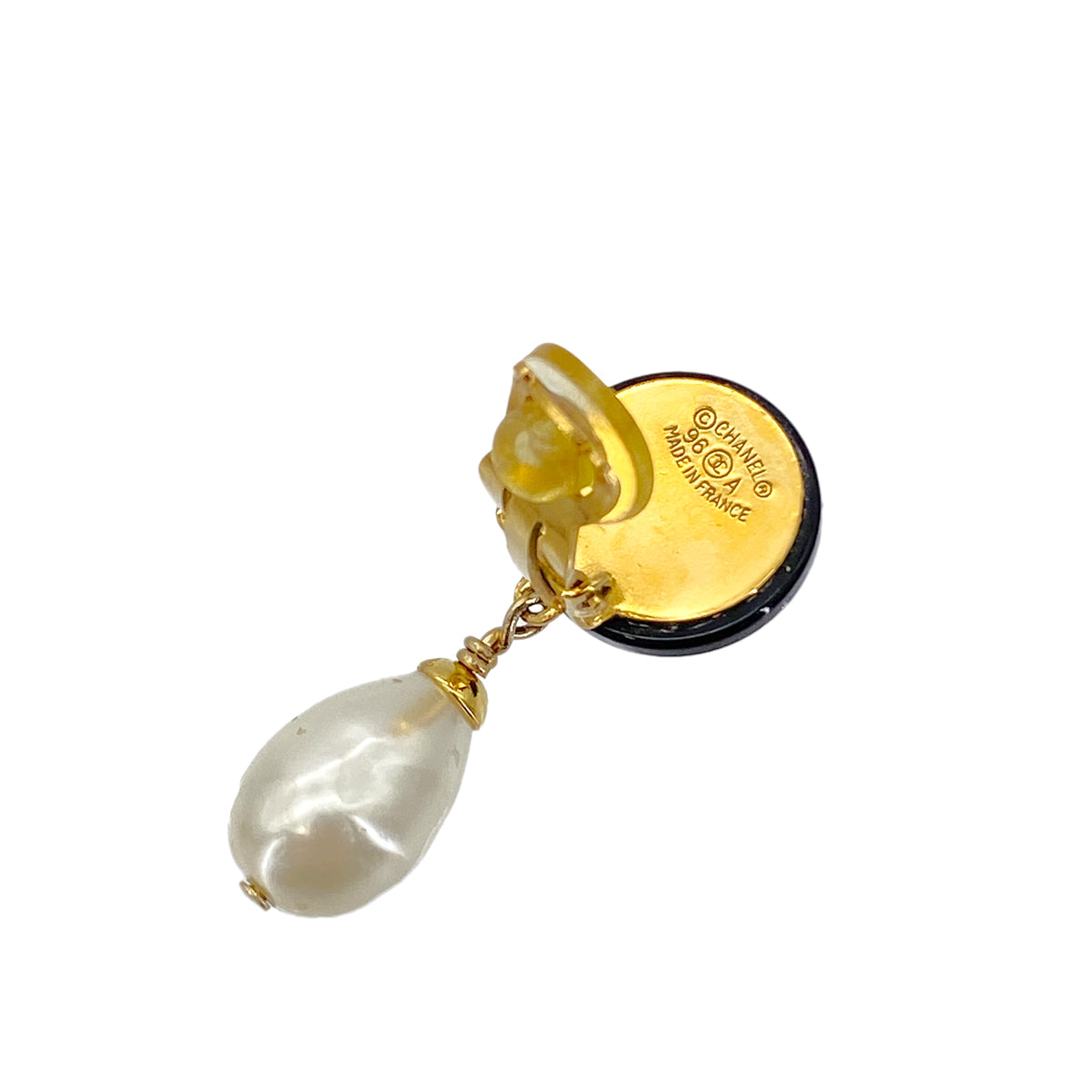 CHANEL VINTAGE EARRINGS COCOMARK FAUX PEARL BLACK GOLD ACCESSORY 96A 90283931