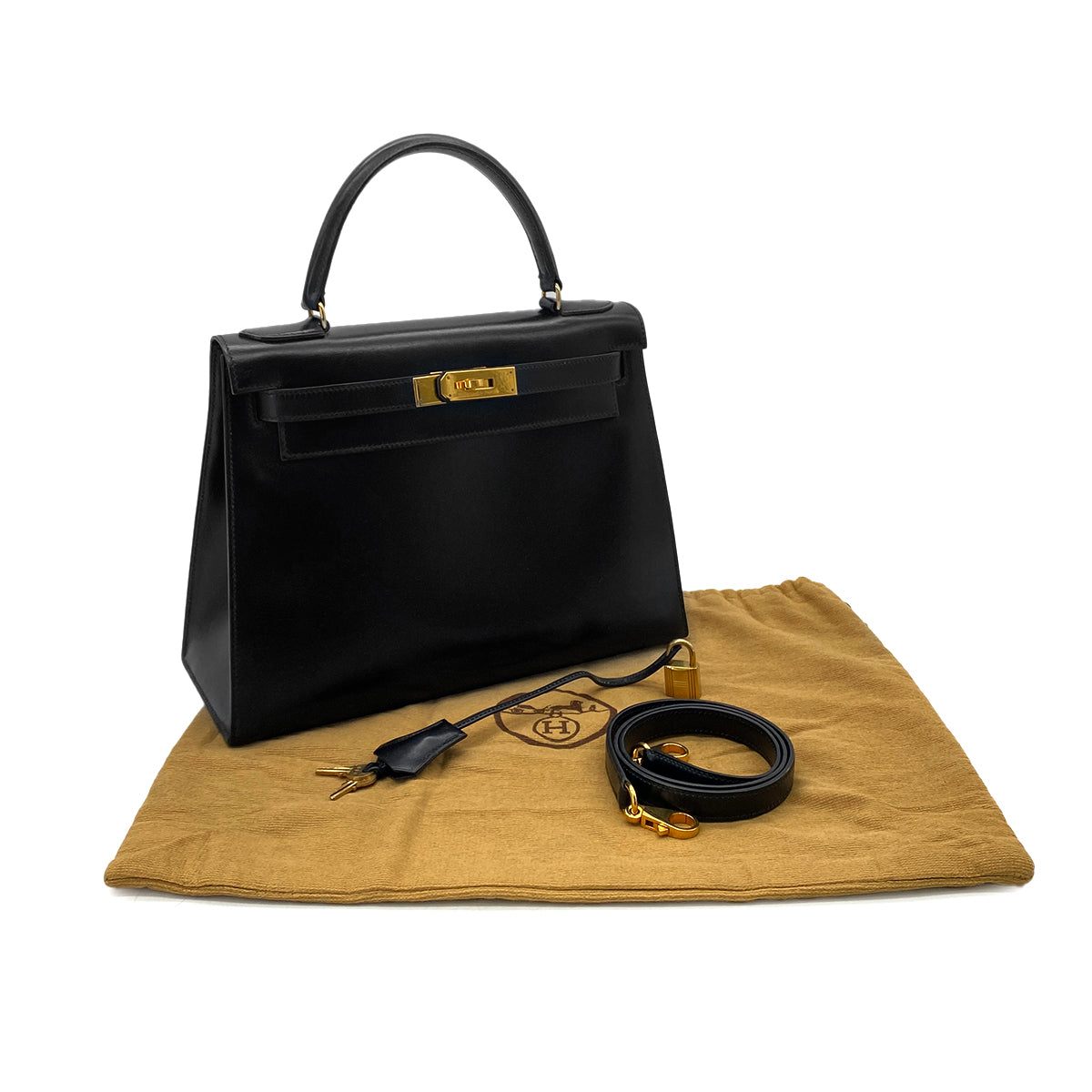 HERMES KELLY 28 SELLIER BLACK BOXCALF HAND SHOULDER BAG 〇Q GHW 90283972