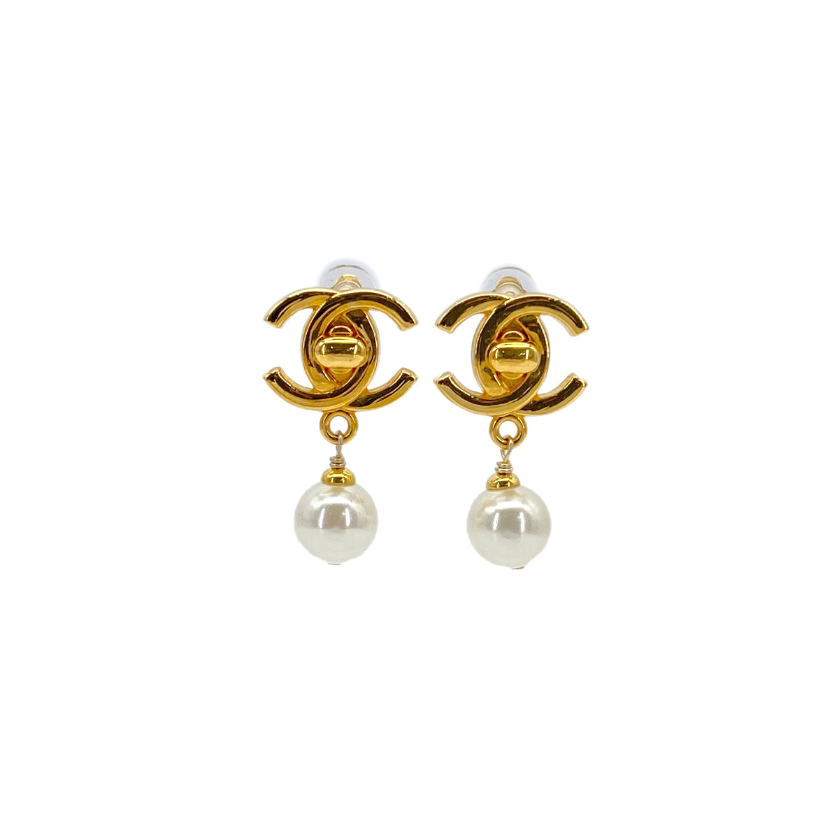 CHANEL VINTAGE EARRINGS TURN LOCK FAUX PEARL ACCESSORY 96A 90283981