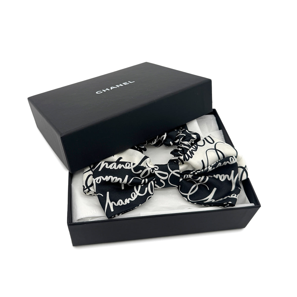 CHANEL HAIR RUBBER LOGO RIBBON HAIR ACCESSORY BLACK WHITE 90283983