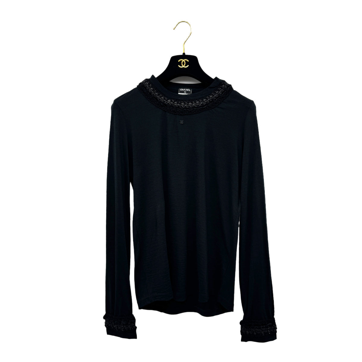 CHANEL COCO MARK LONG SLEEVE T-SHIRT BLACK WOOL 38 P39 RTW 90283985