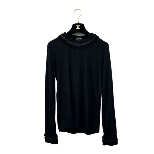 CHANEL COCO MARK LONG SLEEVE T-SHIRT BLACK WOOL 38 P39 RTW 90283985