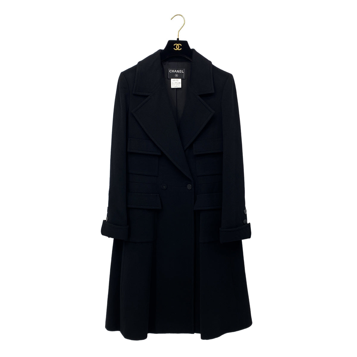CHANEL COCO BUTTON LONG COAT BLACK CASHMERE 40 01A RTW 90283987