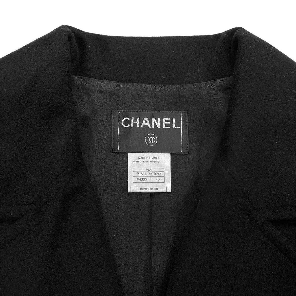 CHANEL COCO BUTTON LONG COAT BLACK CASHMERE 40 01A RTW 90283987