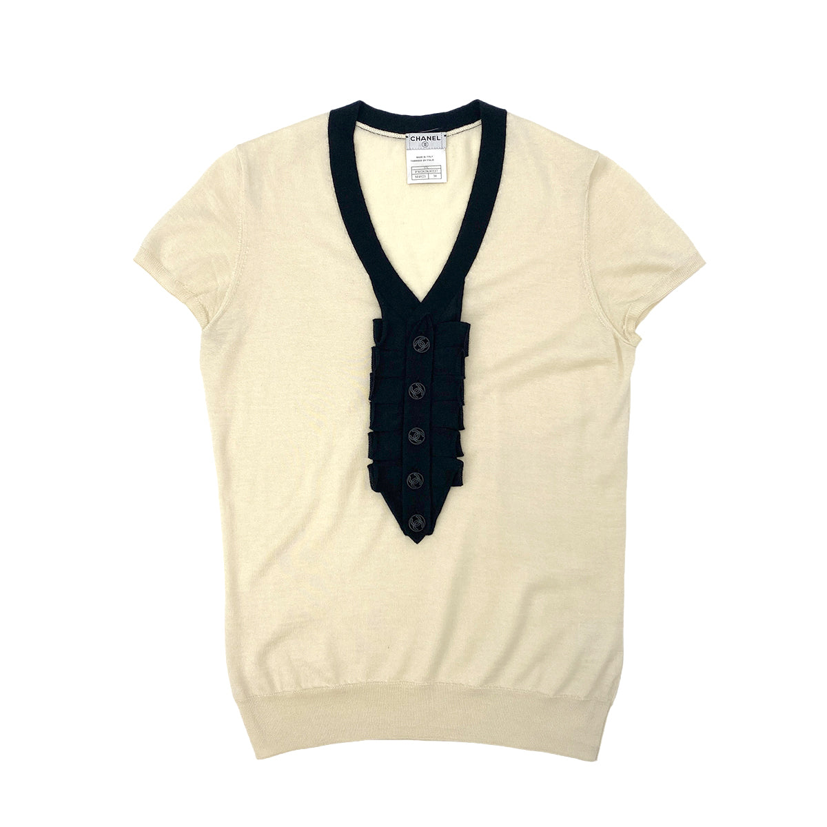 CHANEL COCO BUTTON KNIT TOPS SHORT SLEEVE BEIGE BLACK CASHMERE 38 07C RTW 90283996