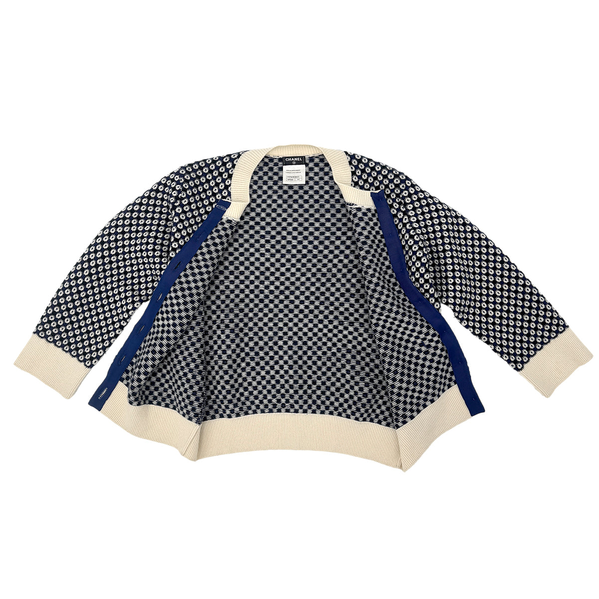 CHANEL COCO BUTTON CARDIGAN NAVY WHITE CASHMERE 44 P47 RTW 90284003