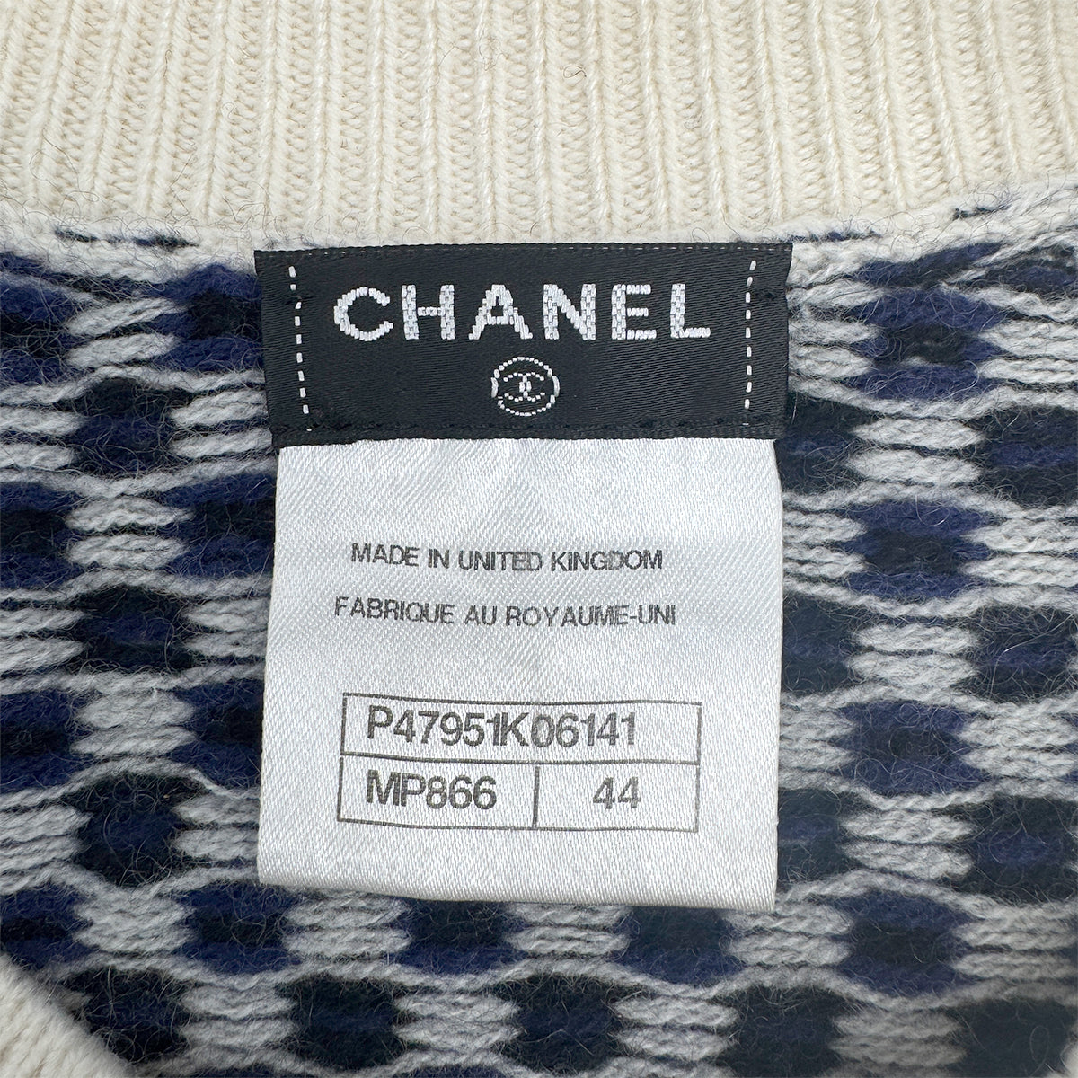 CHANEL COCO BUTTON CARDIGAN NAVY WHITE CASHMERE 44 P47 RTW 90284003