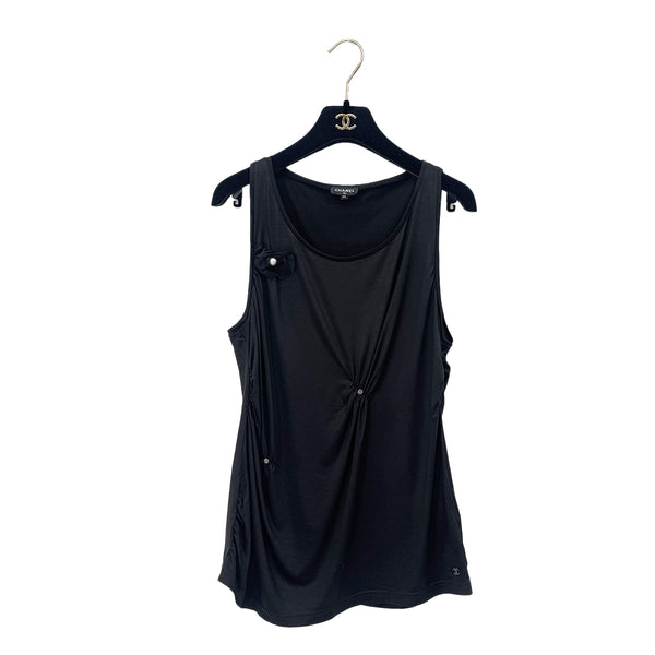 CHANEL SLEEVELESS TOPS CAMELLIA COCOMARK BLACK SILK 38 P58 RTW 90284010