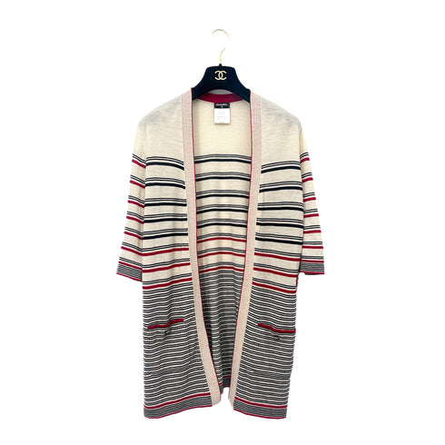 CHANEL LONG CARDIGAN BORDER PATTERN BEIGE RED BLACK WOOL 38 P45 RTW 90284016 - PURPOSE
