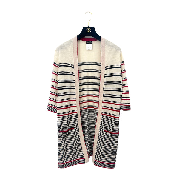 CHANEL LONG CARDIGAN BORDER PATTERN BEIGE RED BLACK WOOL 38 P45 RTW 90284016