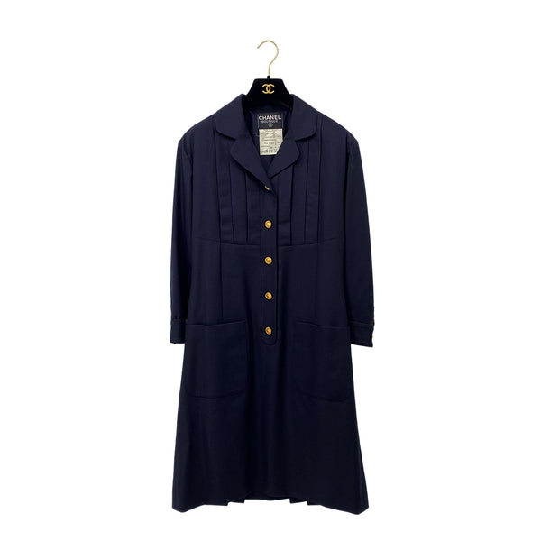 CHANEL VINTAGE COCO BUTTON DRESS NAVY WOOL 38 RTW 90284017
