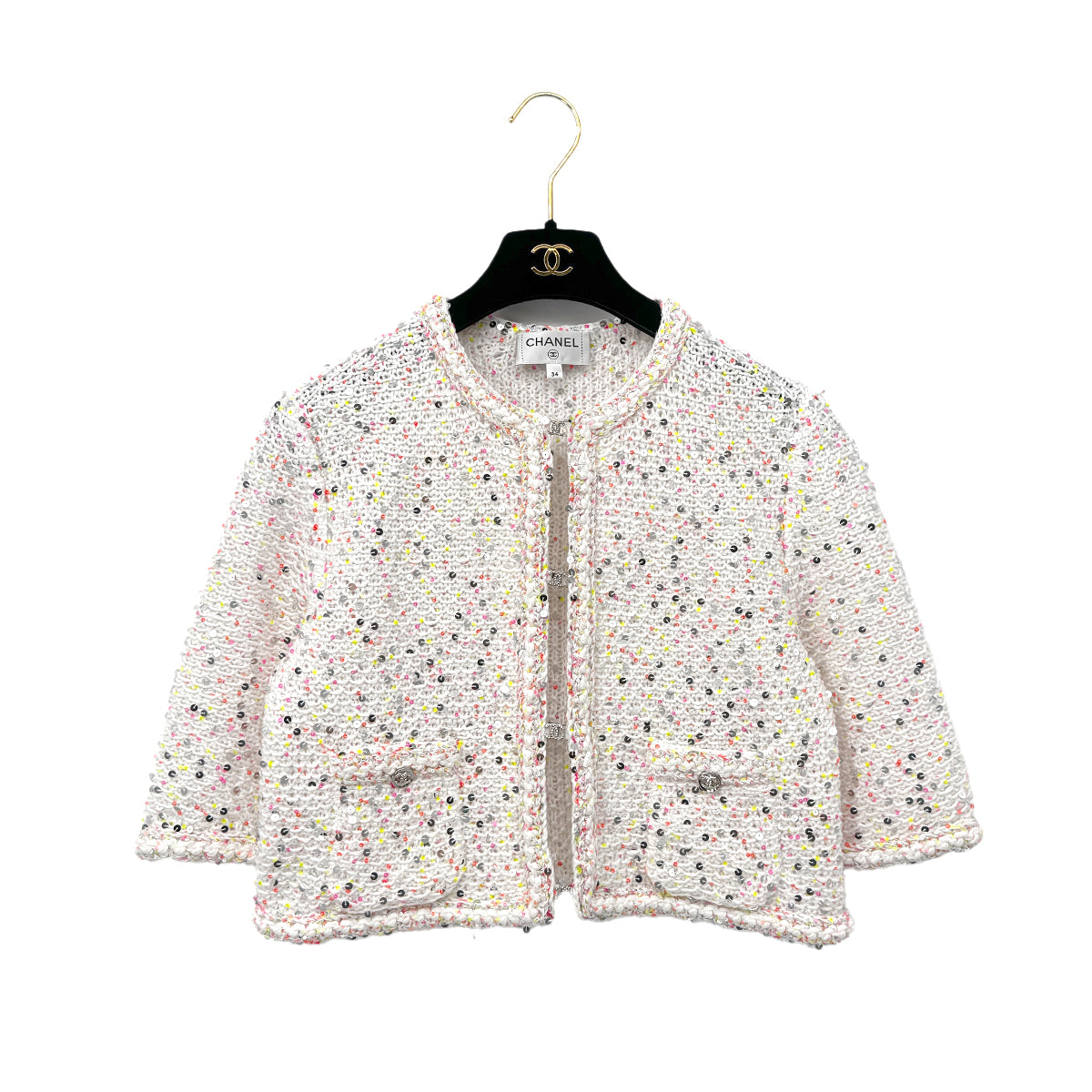 CHANEL GLITTER JACKET COCOMARK RHINESTONE SEQUINS WHITE COTTON 34 P76 RTW 90284024