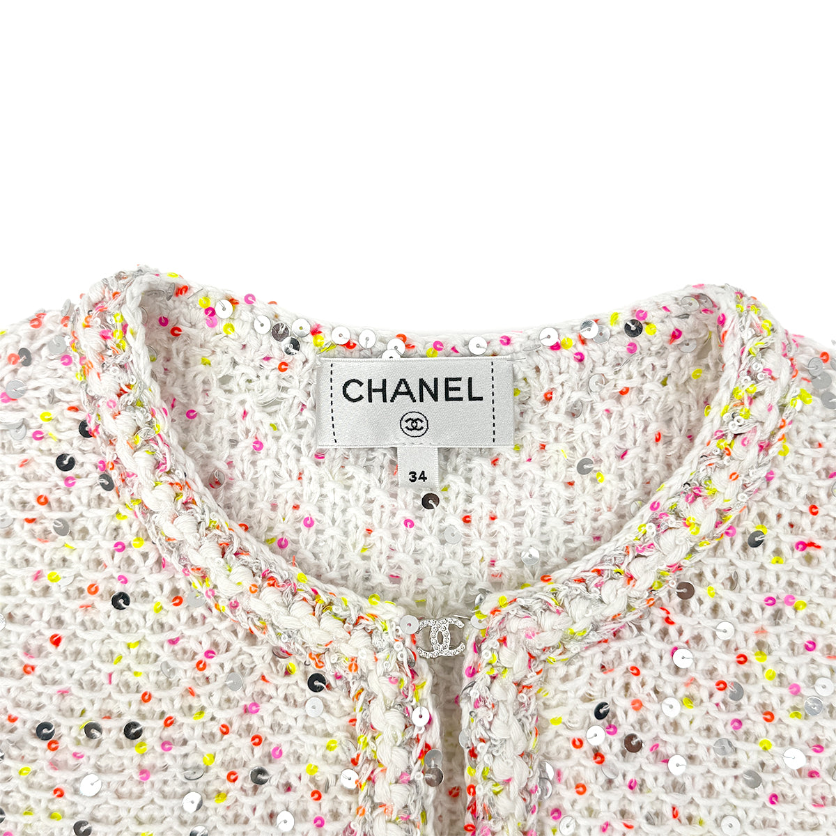 CHANEL GLITTER JACKET COCOMARK RHINESTONE SEQUINS WHITE COTTON 34 P76 RTW 90284024