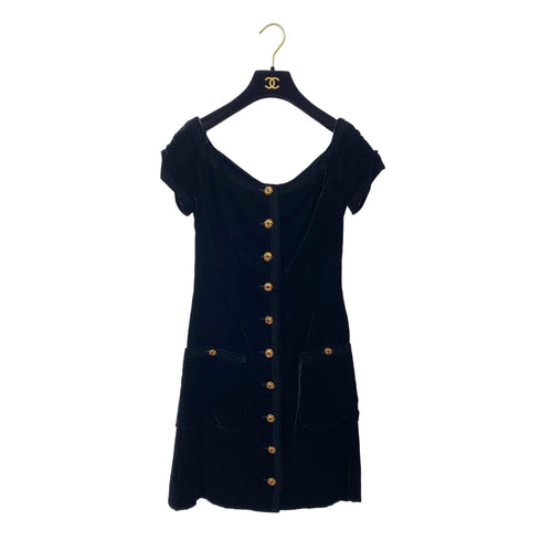 CHANEL VINTAGE GRIPOIX BUTTON DRESS BLACK VELOR 36 96A RTW 90284030 - PURPOSE