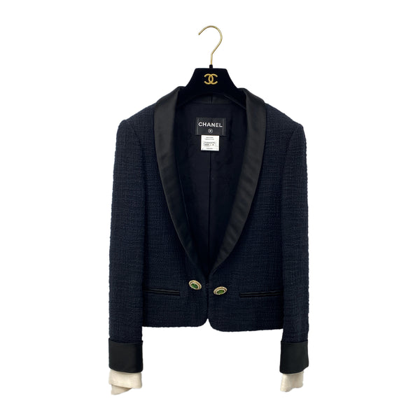 CHANEL TWEED JACKET COLOR STONE RHINESTONE BUTTON BLACK COTTON 38 P43 RTW 90284032