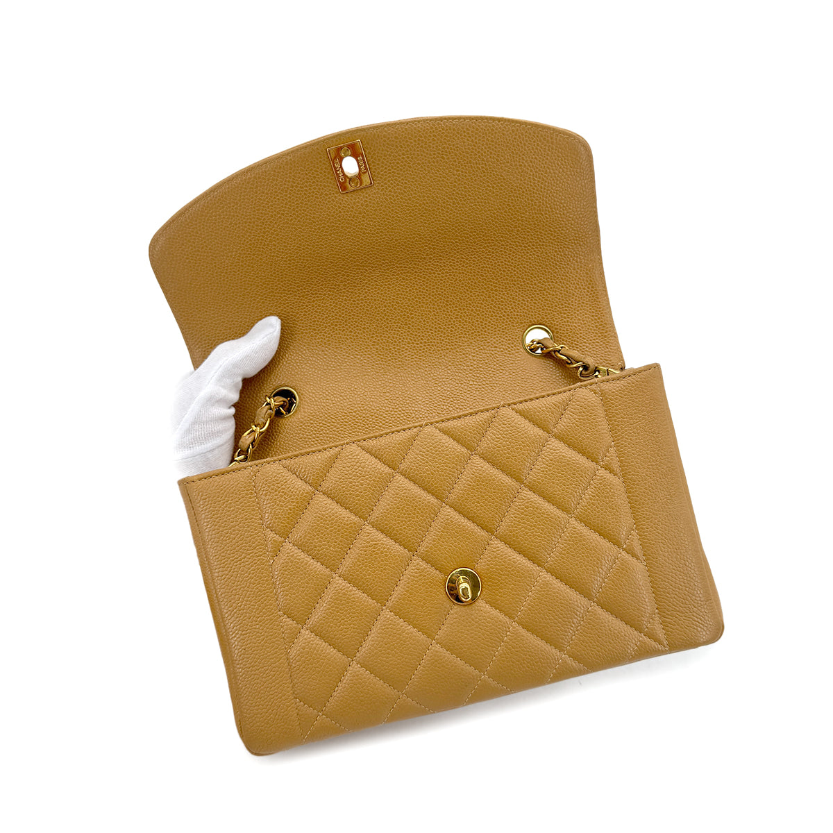 CHANEL VINTAGE MATELASSE CHAIN SHOULDER BAG BEIGE CAVIAR SKIN 90284398