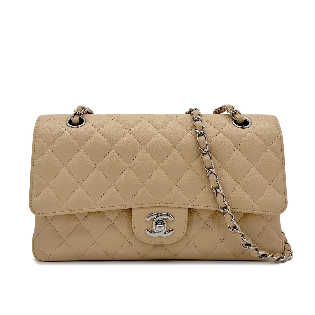 CHANEL CLASSIC FLAP MEDIUM CHAIN SHOULDER BAG BEIGE CAVIAR SKIN 90284407