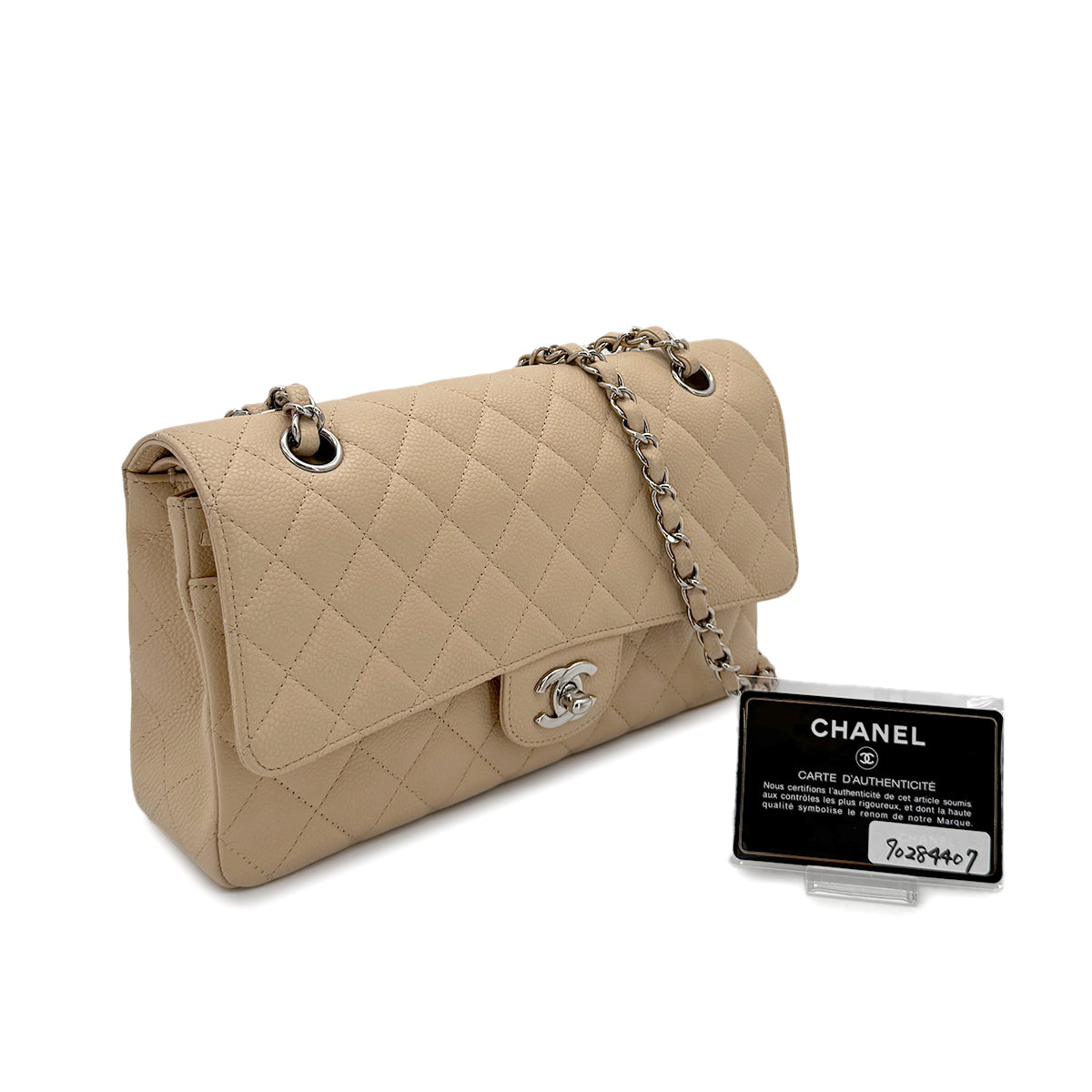 CHANEL CLASSIC FLAP MEDIUM CHAIN SHOULDER BAG BEIGE CAVIAR SKIN 90284407