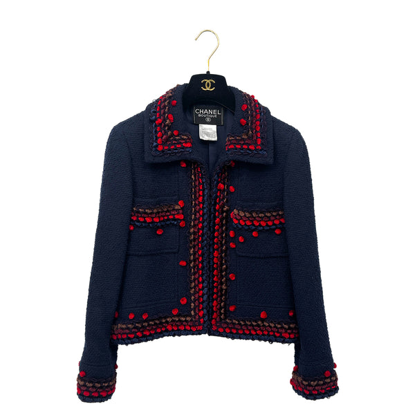 CHANEL VINTAGE TWEED JACKET NAVY RED WOOL 38 97A RTW 90284427