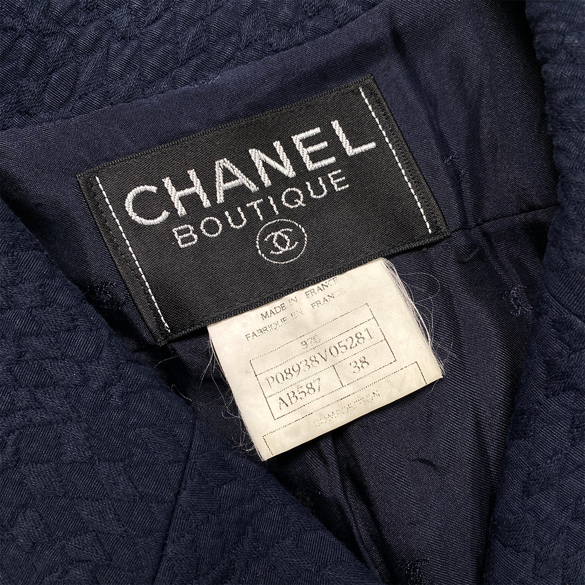 CHANEL VINTAGE JACKET SKIRT SET COCO BUTTON NAVY COTTON 38 97C RTW 90284434