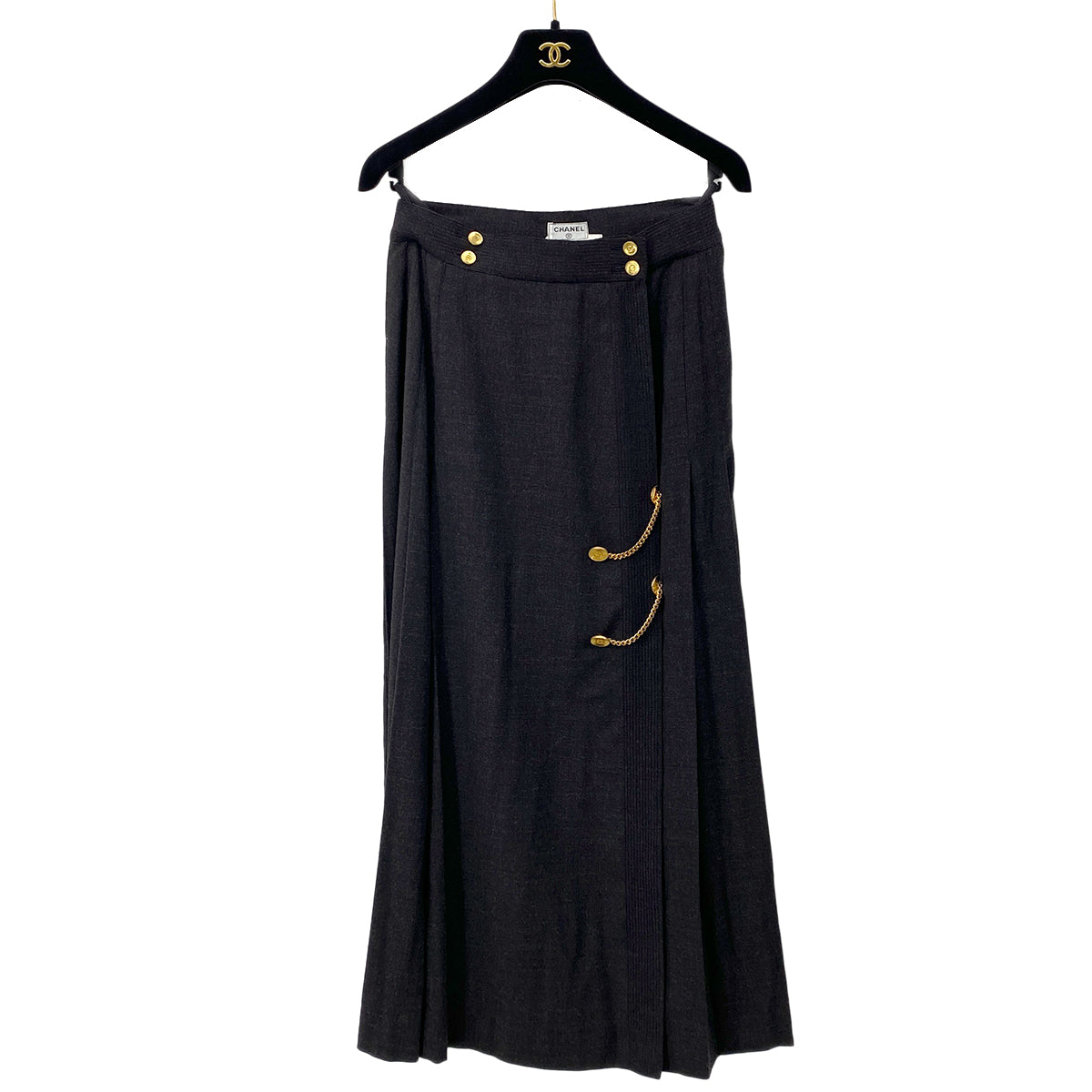 CHANEL COCO BUTTON GOLD CHAIN PLEATED SKIRT GRAY WOOL 36 RTW 90284435