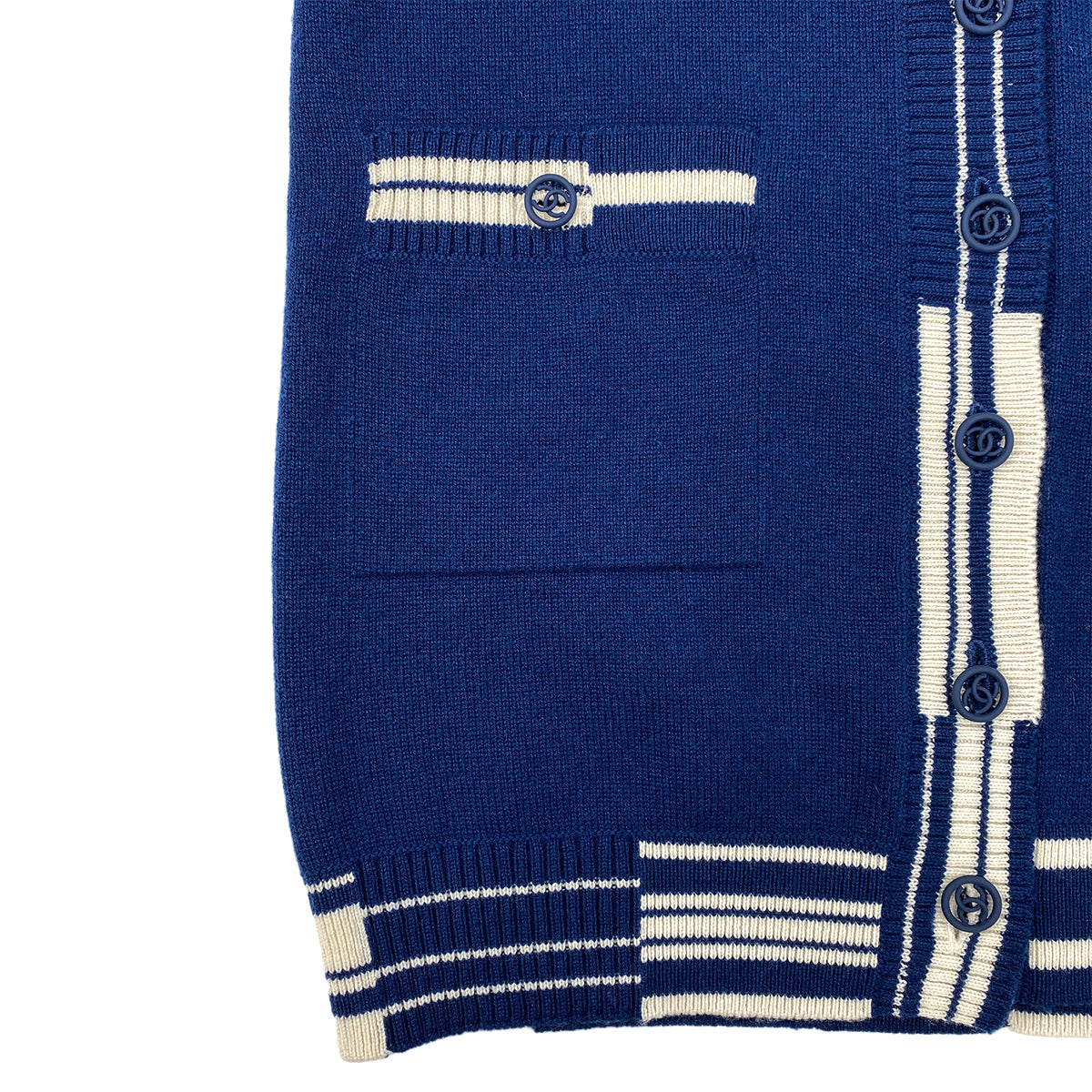 CHANEL COCO BUTTON LONG CARDIGAN TOPS LOGO BLUE WHITE CASHMERE 38 P60 RTW 90284440