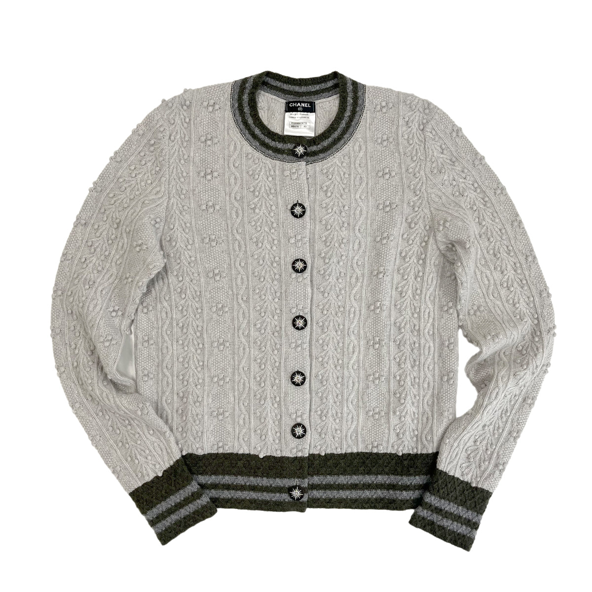 CHANEL CARDIGAN RHINESTONE BUTTON GRAY KAHKI CASHMERE 40 P52 RTW 90284444