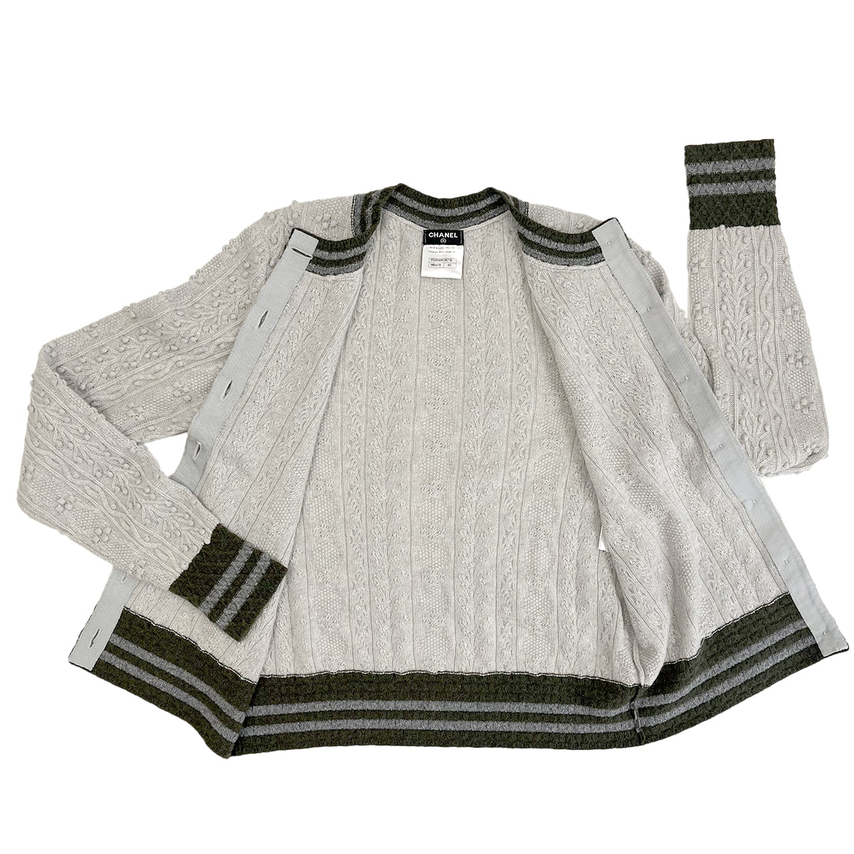 CHANEL CARDIGAN RHINESTONE BUTTON GRAY KAHKI CASHMERE 40 P52 RTW 90284444