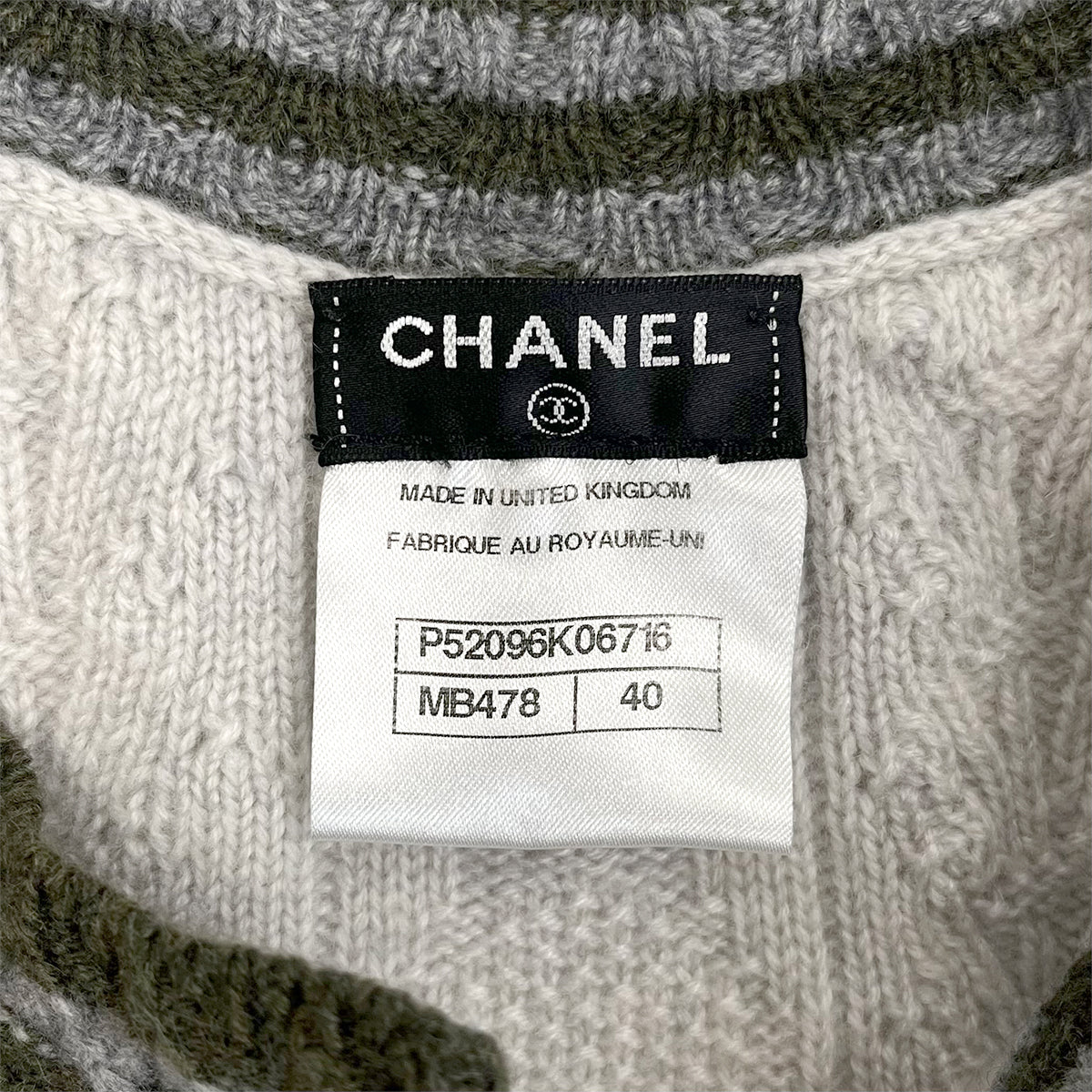 CHANEL CARDIGAN RHINESTONE BUTTON GRAY KAHKI CASHMERE 40 P52 RTW 90284444