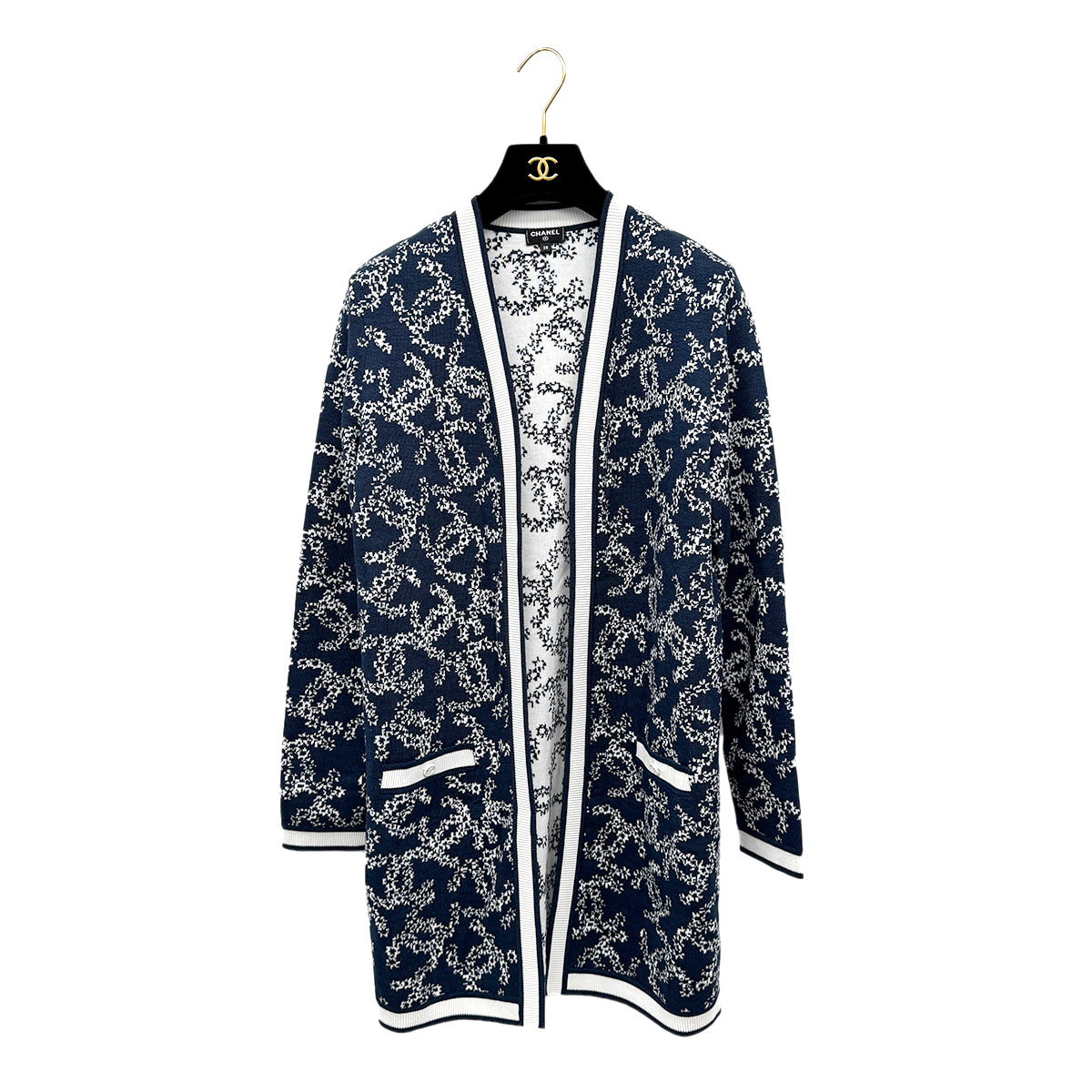 CHANEL COCOMARK PATTERN CARDIGAN NAVY WHITE 38 P60 RTW 90284445