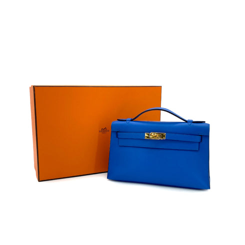 HERMES KELLY POCHETTE SELLIER BLUE ZELLIGE SWIFT HAND BAG C GHW 90284558 - PURPOSE