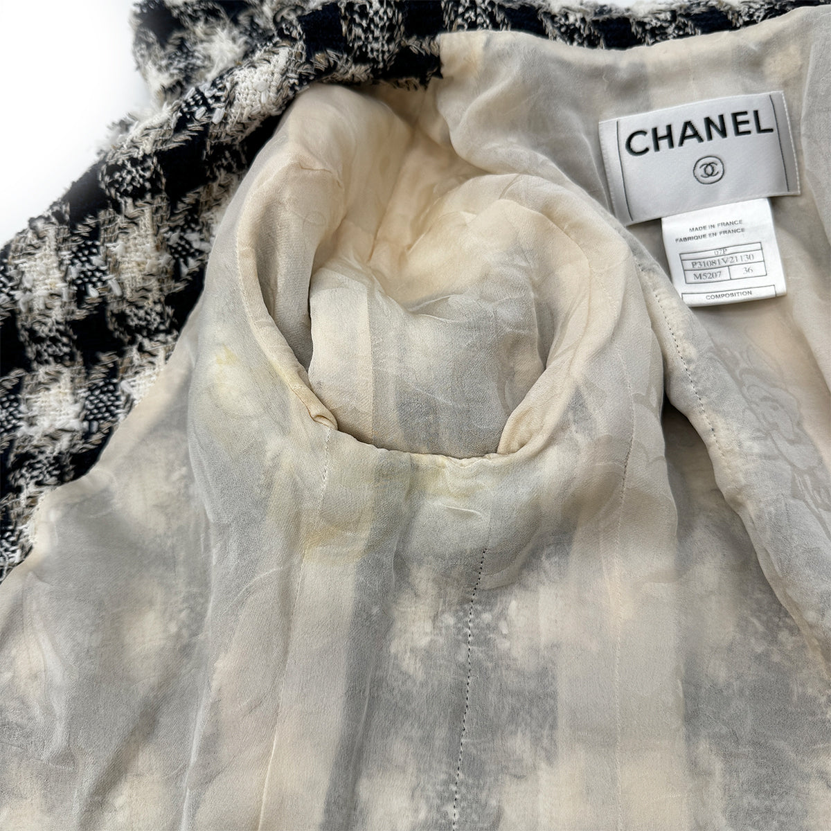 CHANEL TWEED JACKET SKIRT SET COCOMARK RHINESTONE BLACK WHITE COTTON 36 07P RTW 90284578