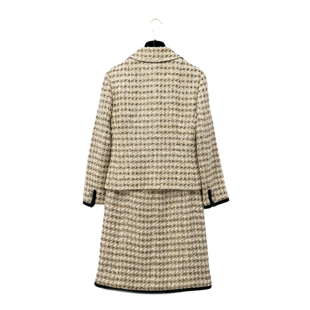 CHANEL TWEED JACKET SKIRT SET COCO BUTTON BEIGE WHITE VISCOSE 34 06P RTW 90284579