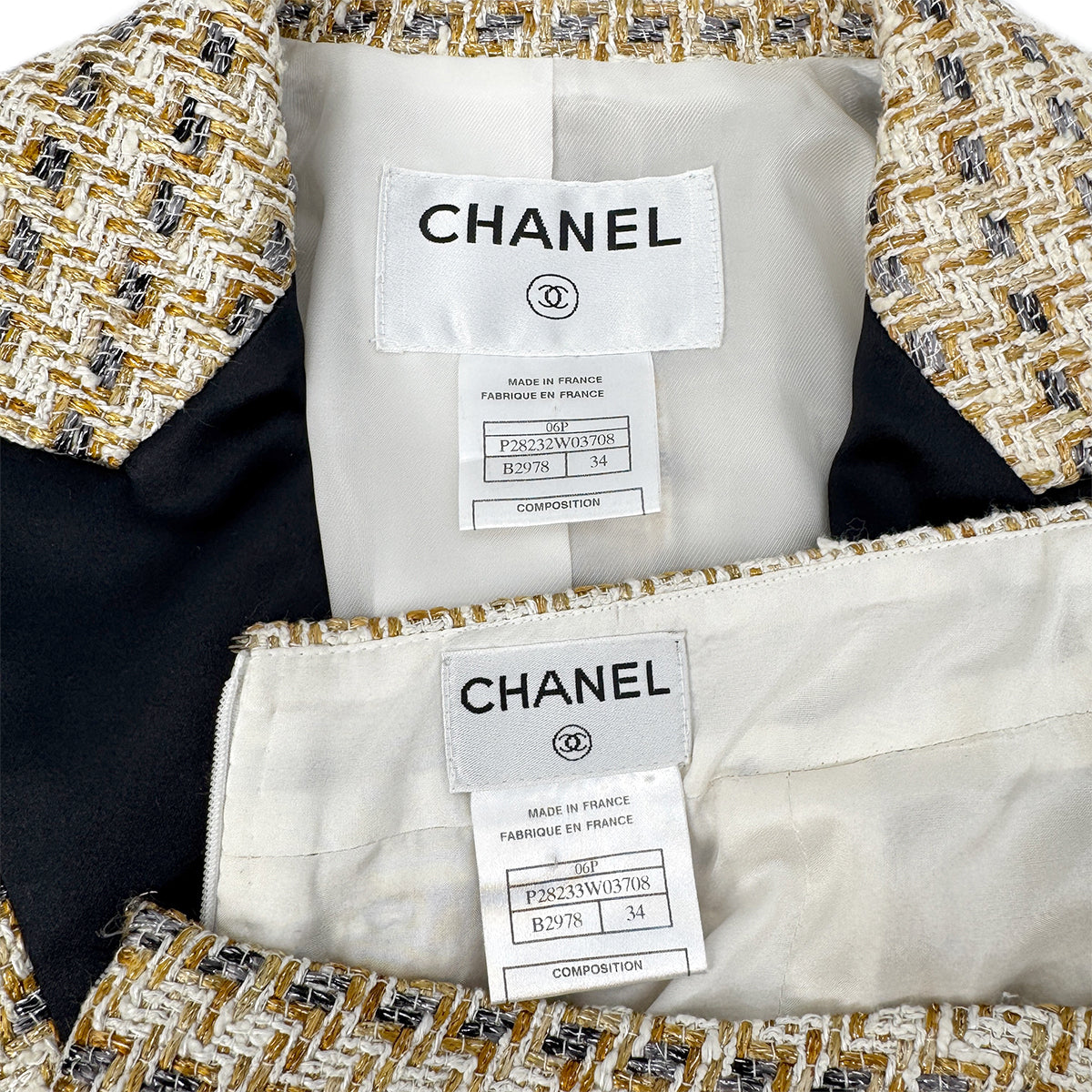 CHANEL TWEED JACKET SKIRT SET COCO BUTTON BEIGE WHITE VISCOSE 34 06P RTW 90284579