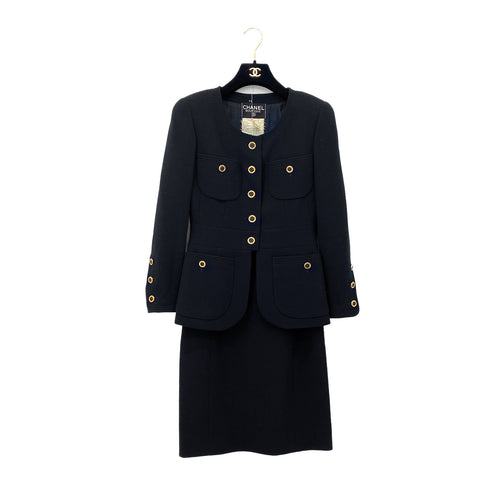 CHANEL VINTAGE COCO BUTTON FOUR POCKET WOOL JACKET SKIRT SET BLACK 36 RTW 90284580 - PURPOSE