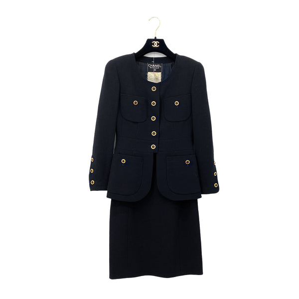 CHANEL VINTAGE COCO BUTTON FOUR POCKET WOOL JACKET SKIRT SET BLACK 36 RTW 90284580