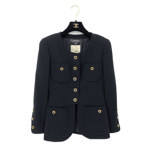 CHANEL VINTAGE COCO BUTTON FOUR POCKET WOOL JACKET SKIRT SET BLACK 36 RTW 90284580 - PURPOSE