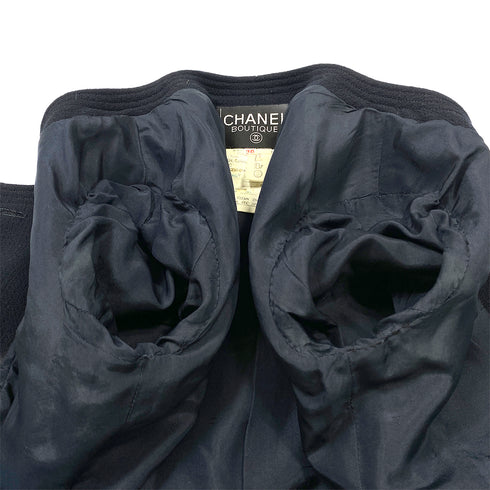 CHANEL VINTAGE COCO BUTTON FOUR POCKET WOOL JACKET SKIRT SET BLACK 36 RTW 90284580 - PURPOSE